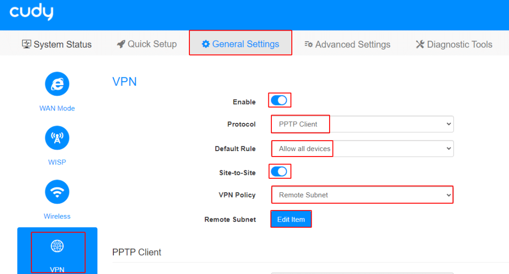 Kích hoạt PPTP VPN trên CUDY