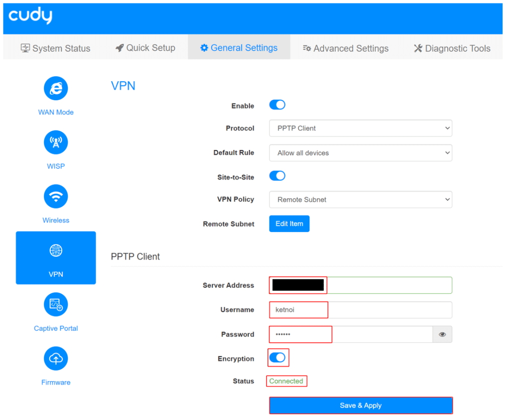 Điền các thông số kết nối VPN với Draytek DrayOS