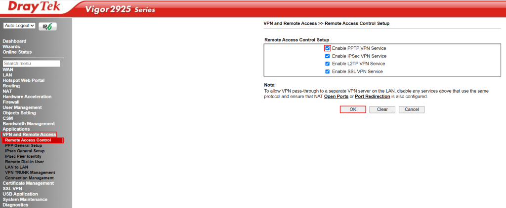 Kích hoạt PPTP VPN trên Draytek DrayOS