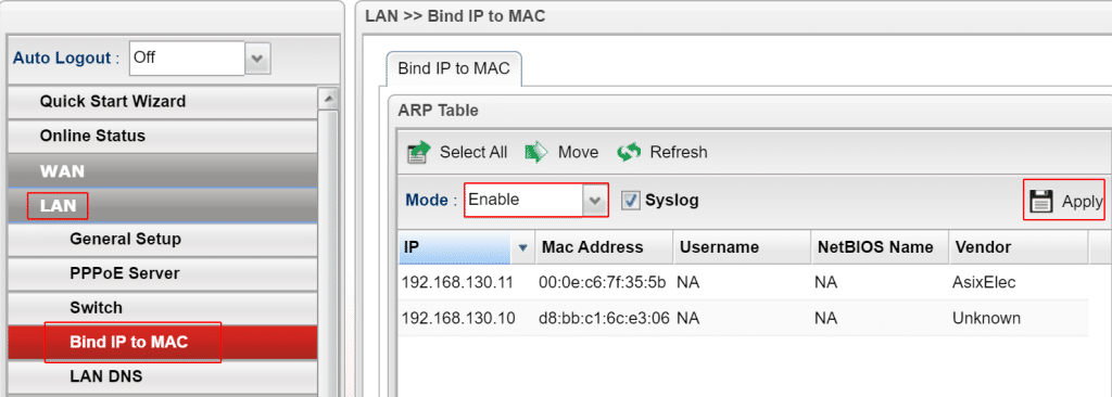 Kích hoạt Bind IP to MAC