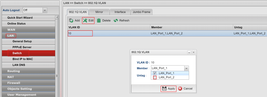 Tạo VLAN10