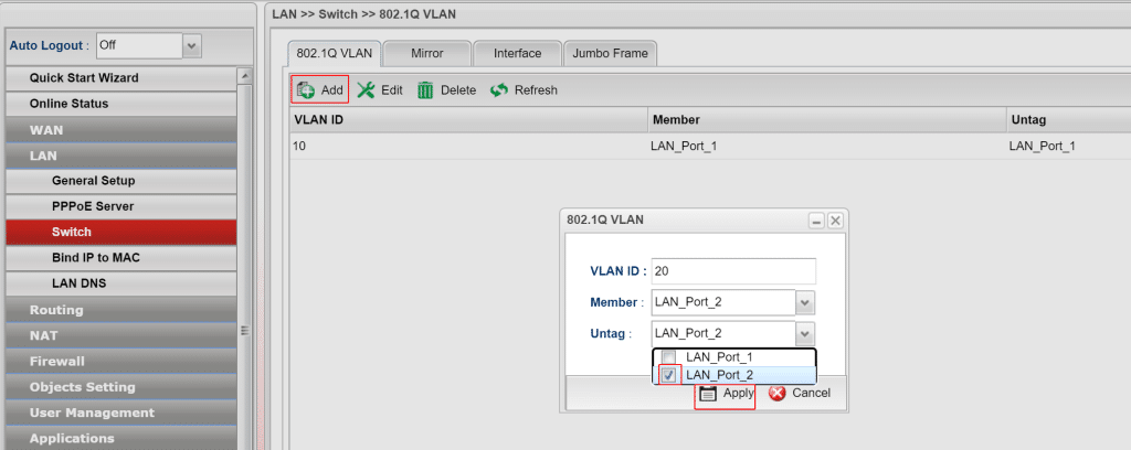 Tạo VLAN20