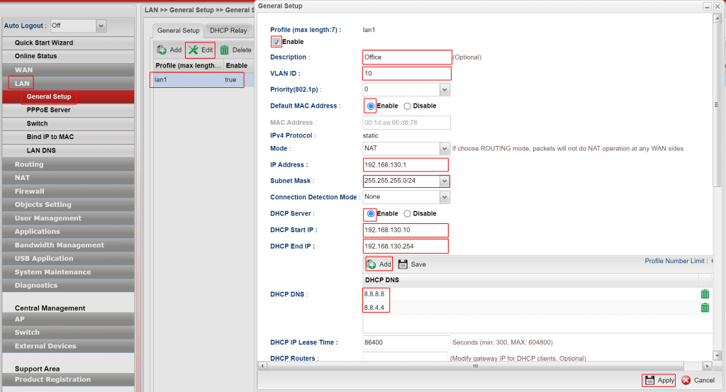 Tạo DHCP cho Port LAN1 tương ứng VLAN10