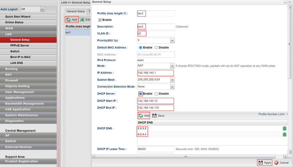 Tạo DHCP cho Port LAN2 tương ứng VLAN20