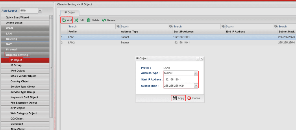 Tạo IP Object cho LAN1