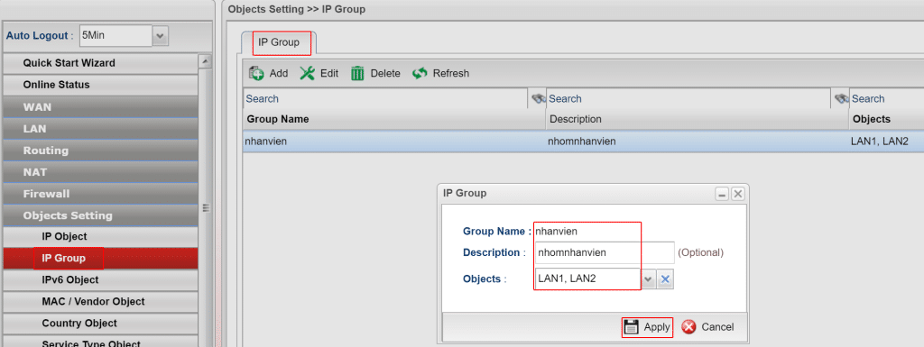 Tạo IP Group cho LAN1 và LAN2