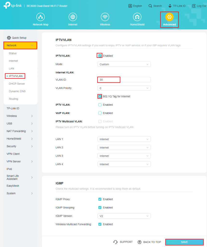 Tạo VLAN Internet