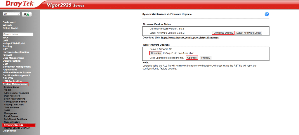 Update firmware draytek