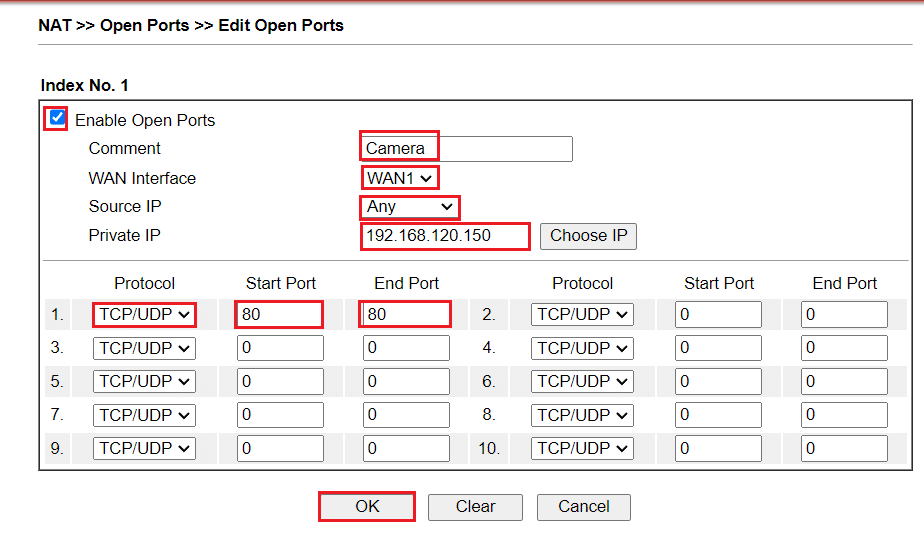 Điền các port cần NAT