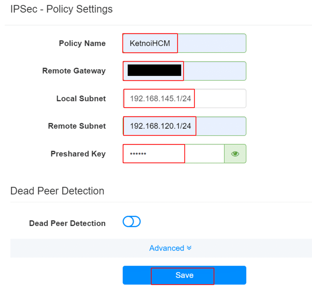 Điền thông số VPN kết nối với Draytek DrayOS