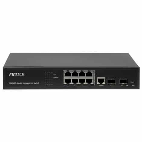 APTEK SG2082P: chuẩn PoE IEEE 802.3af/at, 30W mỗi cổng.