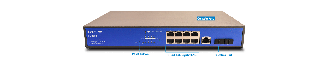 APTEK SG2082P: chuẩn PoE IEEE 802.3af/at, 30W mỗi cổng.