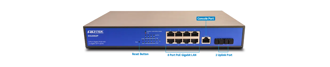 APTEK SG2082P: chuẩn PoE IEEE 802.3af/at, 30W mỗi cổng.