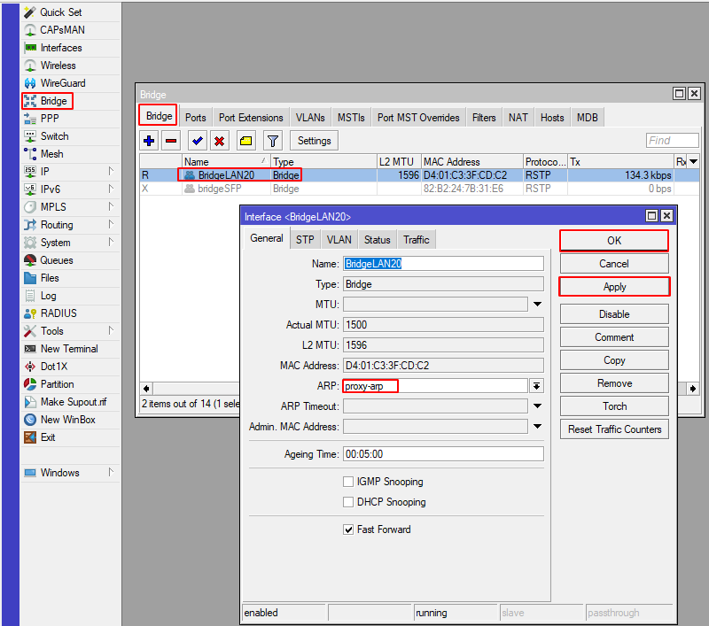 Chọn proxy-arp trong nhóm bridgeLAN