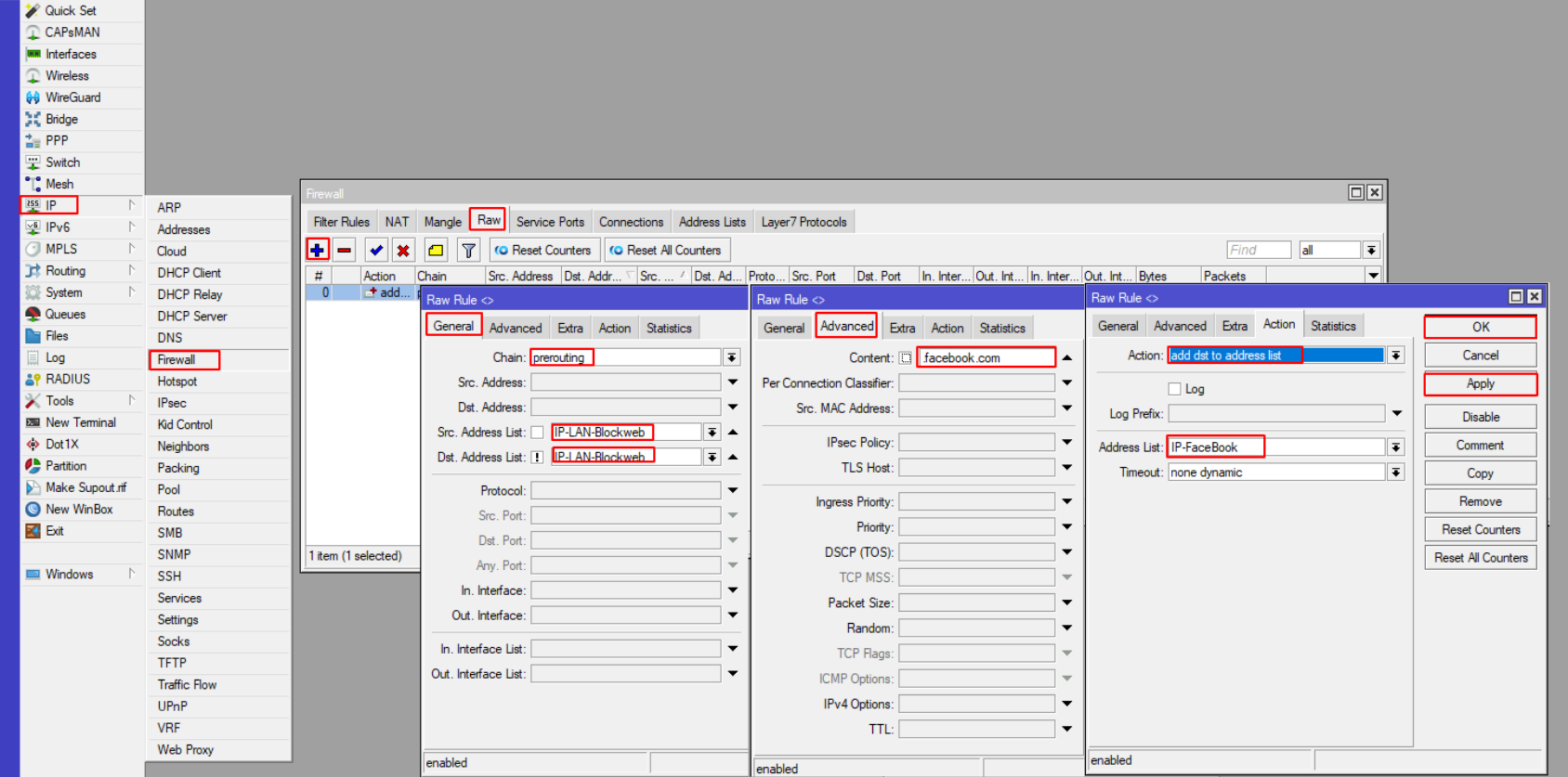 Rule Raw quét các IP website đưa vào address list