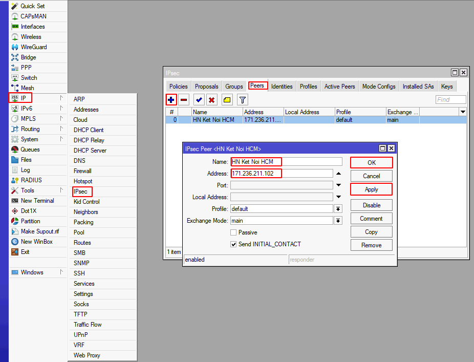 Tạo IPsec Peers đến site HCM