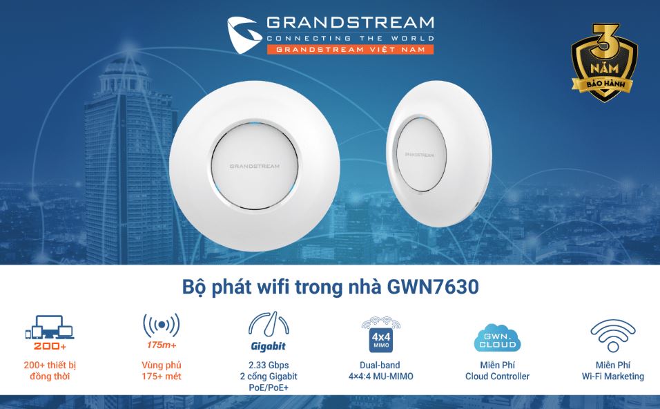 Thiết bị phát WiFi Grandstream GWN7630 - 200 User, Indoor 