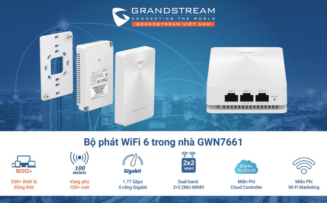 Thiết bị phát WiFi Grandstream GWN7661 - WiFi 6, 500 User, Inwall