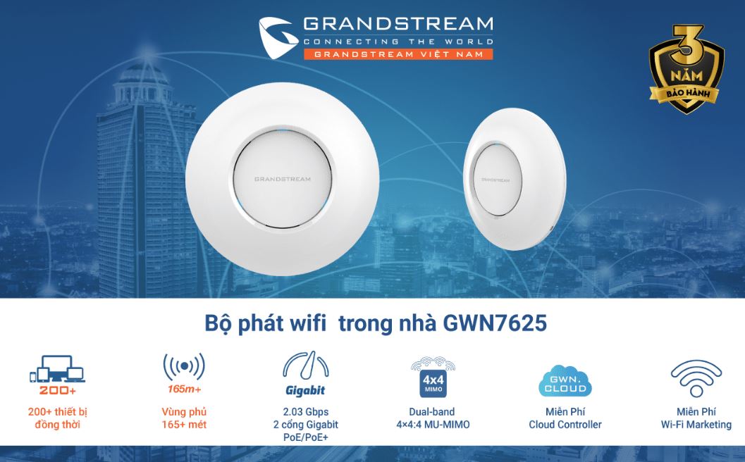 Thiết bị phát WiFi Grandstream GWN7625 - 200 User, Indoor 