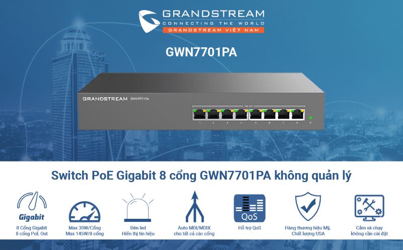 Smart switch 8 cổng PoE Giga Grandstream GWN7701PA