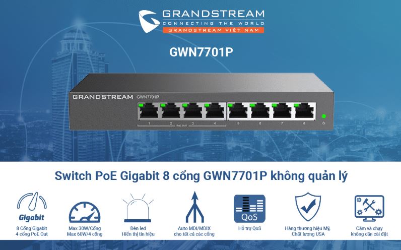 Smart switch 8 cổng Giga PoE Grandstream GWN7701P