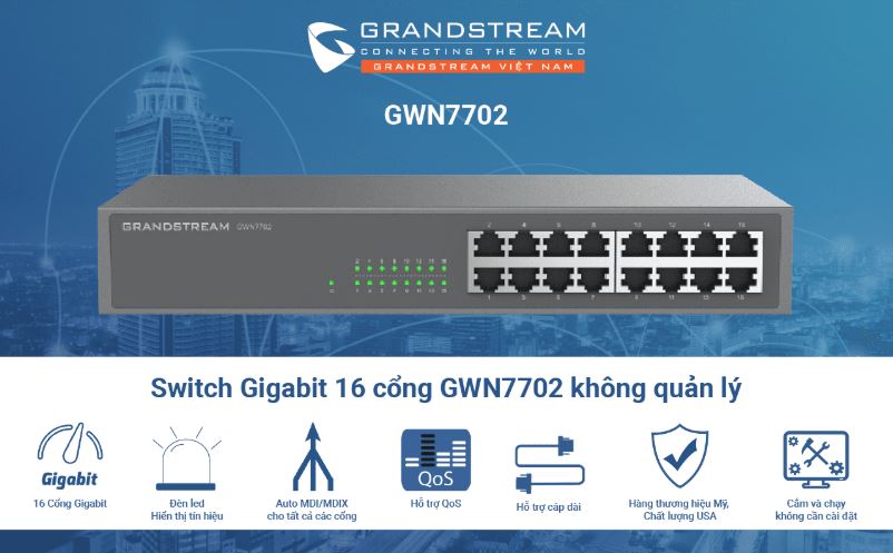 Switch chia mạng 16 cổng Grandstream GWN7702