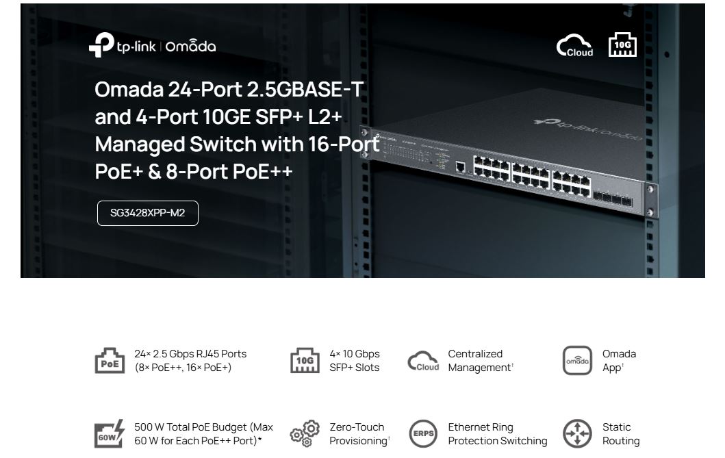 Thiết bị Switch Managed PoE L2+ TP-Link SG3428XPP-M2 - 24x2.5GBASE-T và 4x10GE SFP+