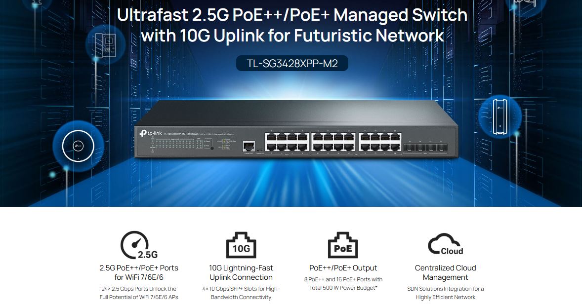 Thiết bị Switch Managed PoE L2+ TP-Link TL-SG3428XPP-M2 - JetStream 24x2.5GBASE-T và 4x10GE SFP+