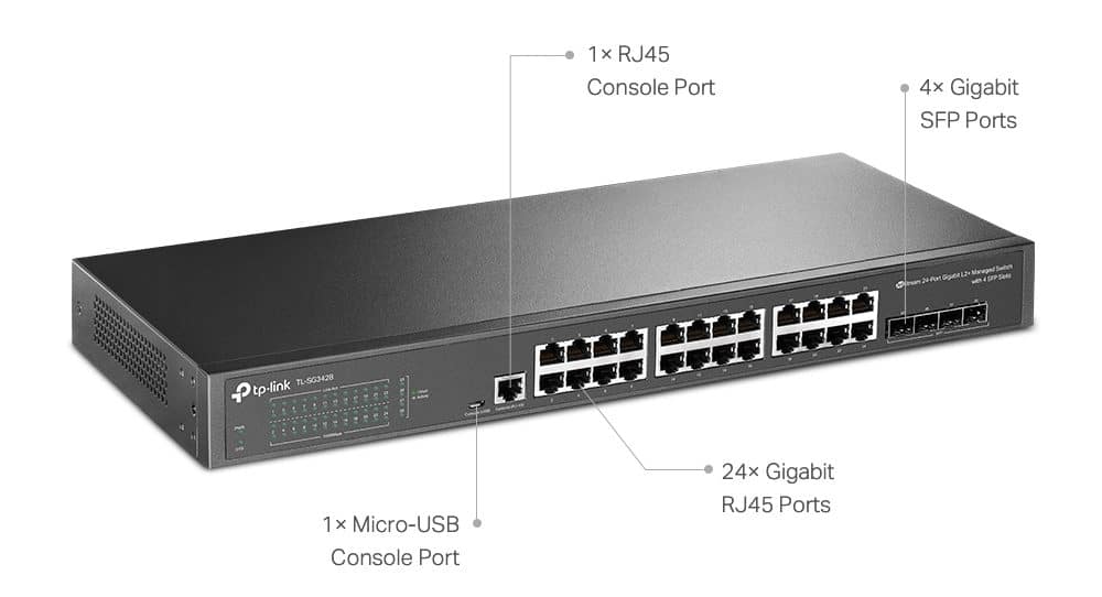 Thiết bị Switch Managed L2+ TP-Link TL-SG3428 - JetStream 24 cổng Gigabit với 4 khe cắm SFP