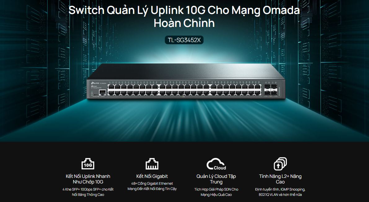 Thiết bị Switch Managed PoE L2+ TP-Link TL-SG3452X - 48 cổng Gigabit với 4 khe 10GE SFP+