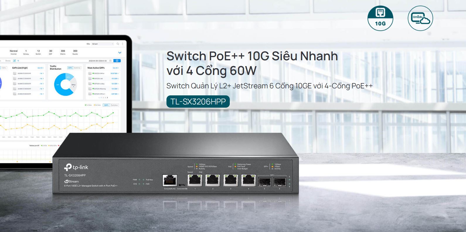 Thiết bị Switch Managed L2+ TP-Link TL-SX3206HPP - 6 cổng 10GE với 4 cổng PoE+