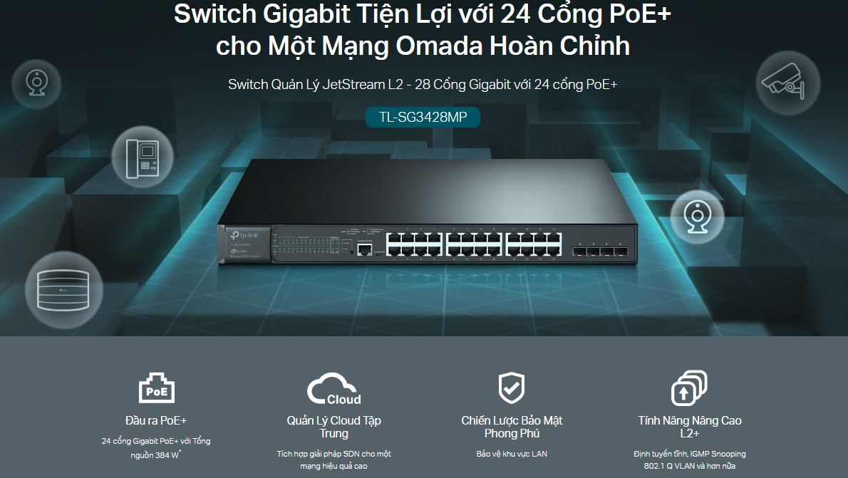 Thiết bị Switch Managed L2+ TP-Link SG3428MP - 28 cổng Gigabit với 24 cổng PoE+ 