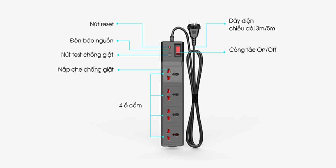 Ổ Cắm Đa Năng Chống Giật Rạng Đông OC04 4C/3M/10A - Dạng 4 Ổ Ghim