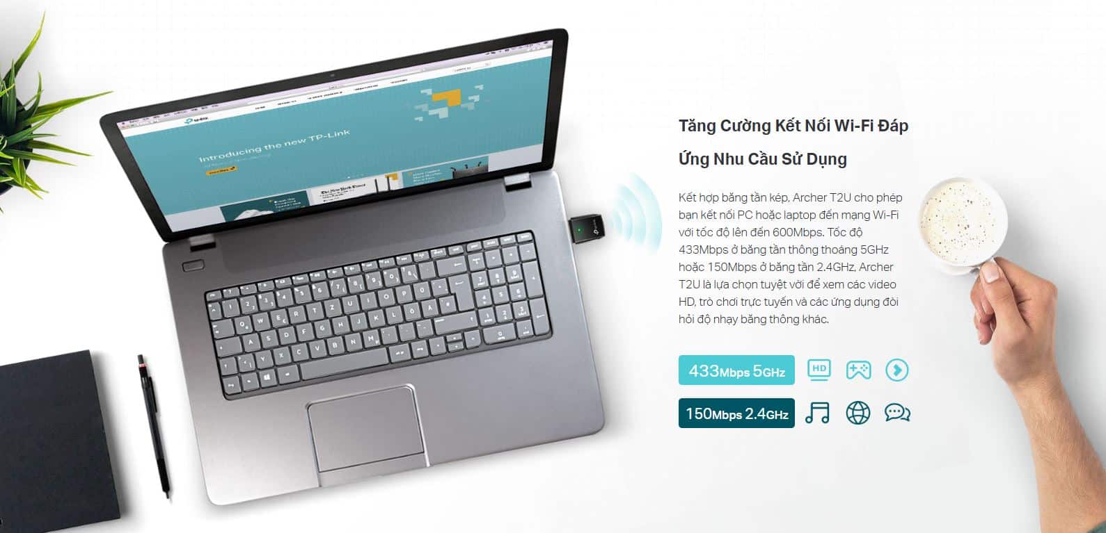 Card mạng USB WiFi TP-Link Archer T2U - WiFi 5, Băng tần kép AC600