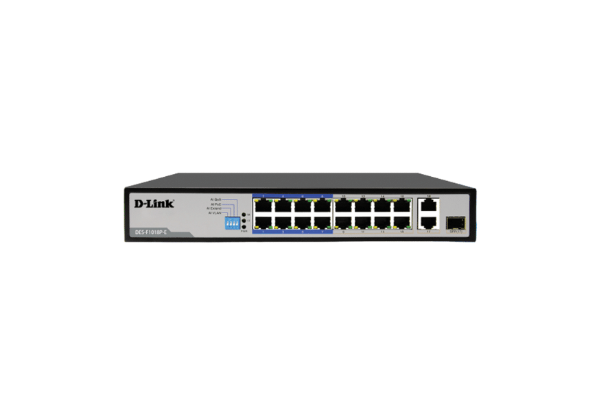 Switch D-Link DES-F1018P-E – Switch PoE 16 Cổng 100Mbps, 2 Cổng Combo RJ45/SFP Gigabit Uplink, Switch Unmanaged 150W