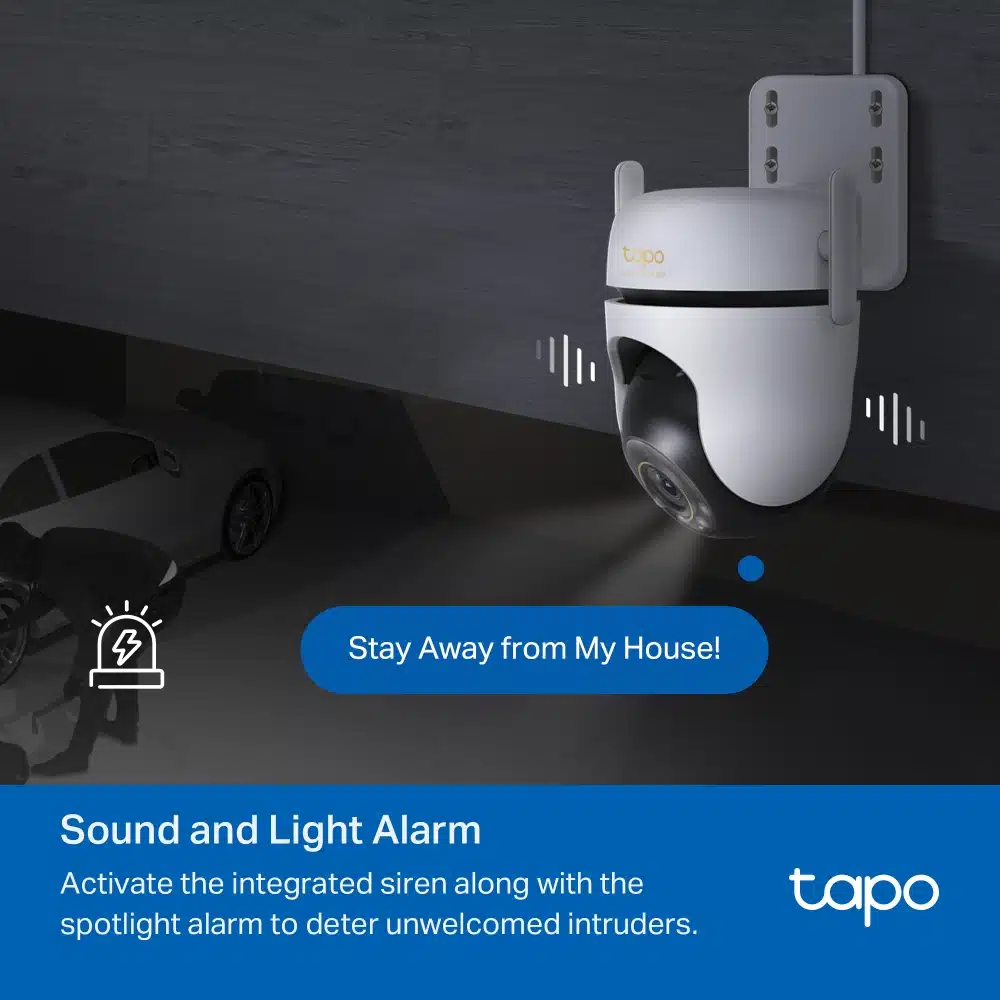 Tích hợp còi báo động (93dB) và đèn chiếu sáng để cảnh báo, xua đuổi kẻ xâm nhập.