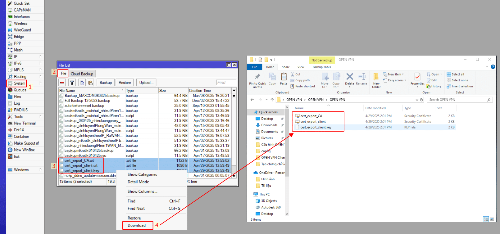 Tải file chứng chỉ CA và client về máy tính