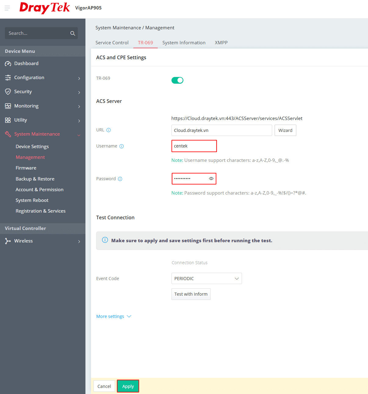 Điền tài khoản TR-069