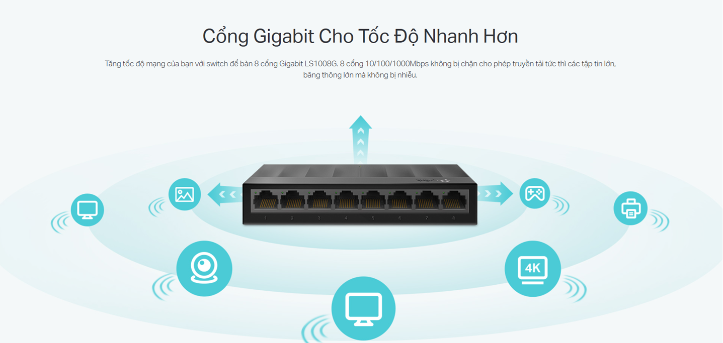 8 cổng Gigabit Ethernet cho tốc độ cao – TP-Link LS1008G