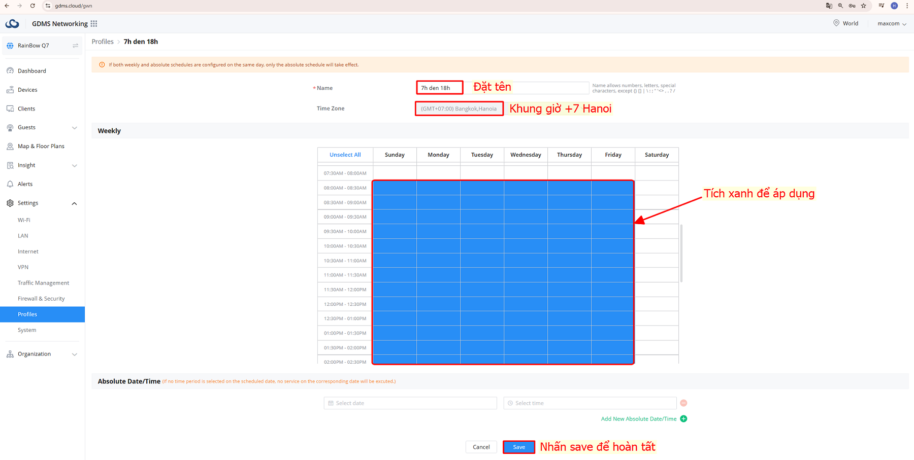 Chọn các khung giờ