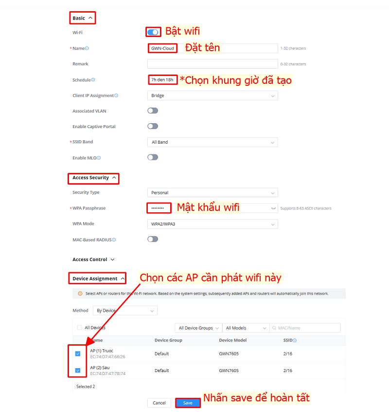 Chọn lịch đã tạo