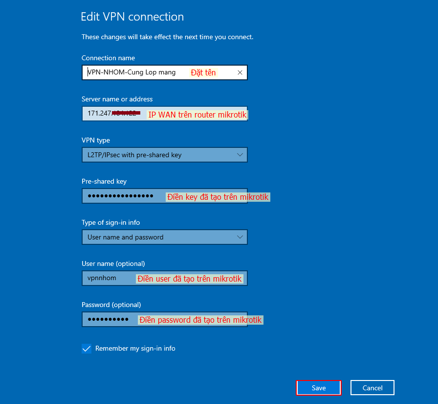 Điền thông số VPN L2TP trên máy tính