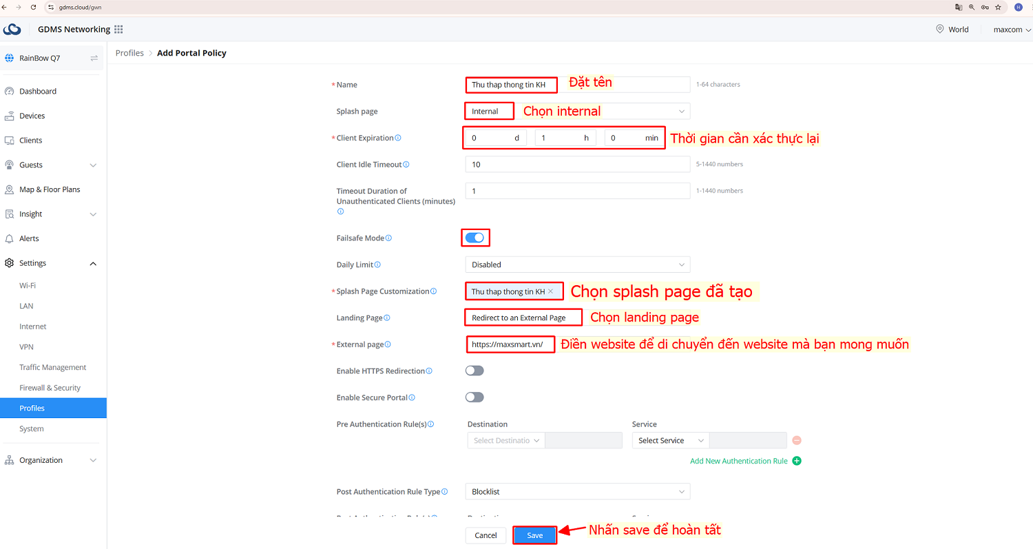 Điền các thông số portal policy