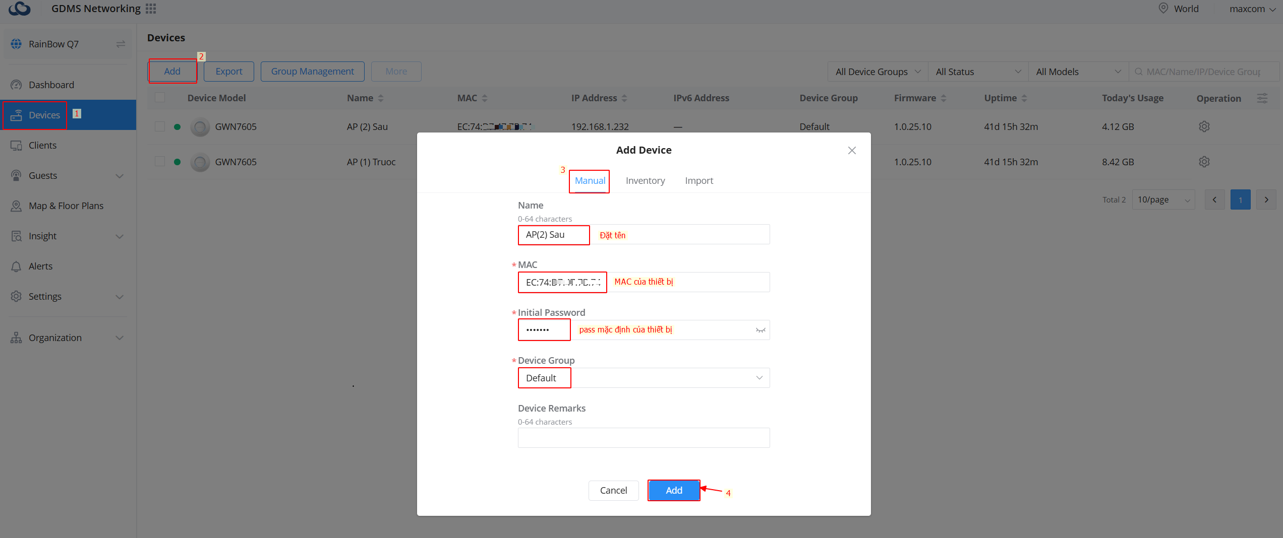 Thêm wifi grandstream vào cloud