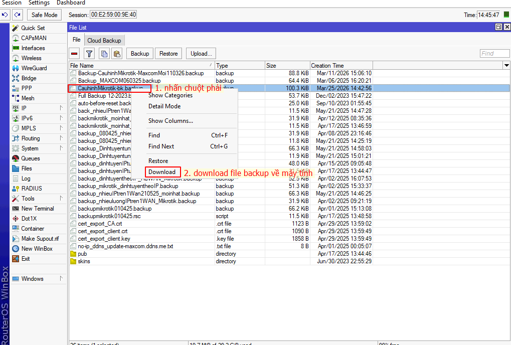 Download file backup về máy tính cần lưu