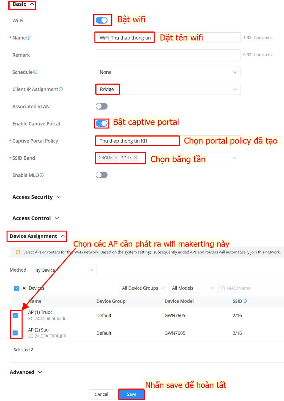 Điền các thông số wifi makerting