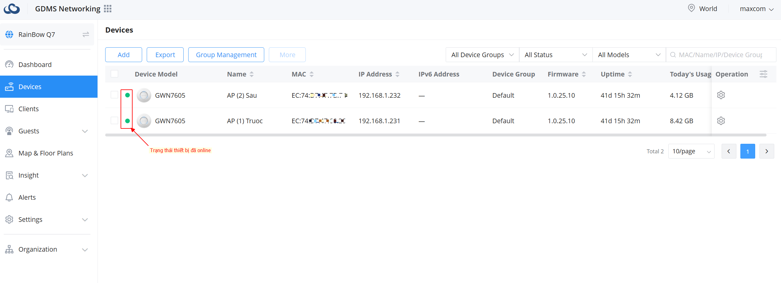 Trạng thái thiết bị online