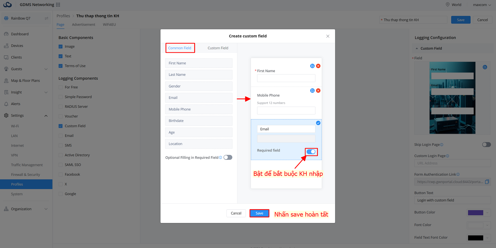 Chọn các thông tin cần thu thập