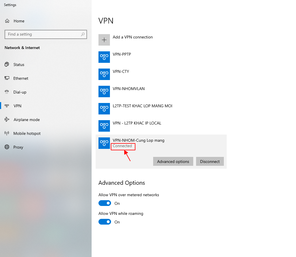 Trạng thái connect VPN