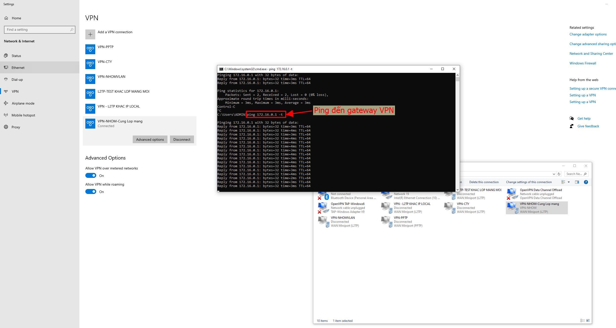 Ping đến gateway VPN